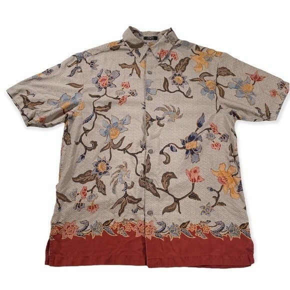 100% Silk Other - Silk Floral Collared Short Sleeve Button Down Shirt Men's Medium